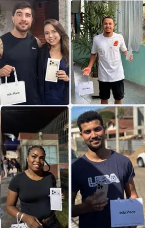 Quatro fotos de clientes recebendo seus iPhones com a sacola da Edu.Place